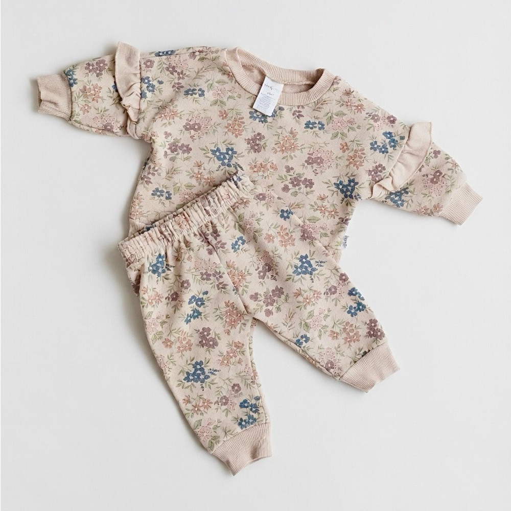Kids Floral Ruffle Sweatshirt & Jogger Pajama Set - Beige Floral